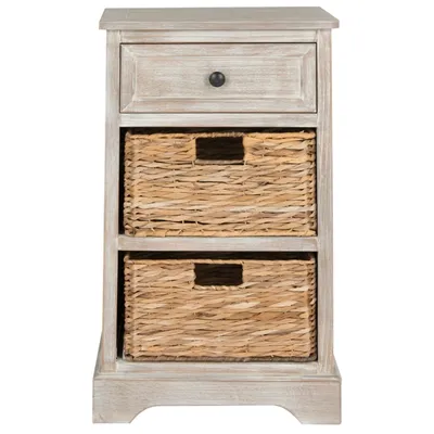 Whitewashed Brown Wood Side Table with Baskets