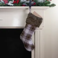 Brown Knitted Plaid Fur Cuff Stocking