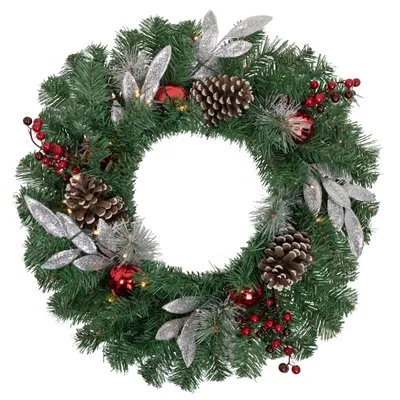 Pre-Lit Silver Leaf and Pine Wreath