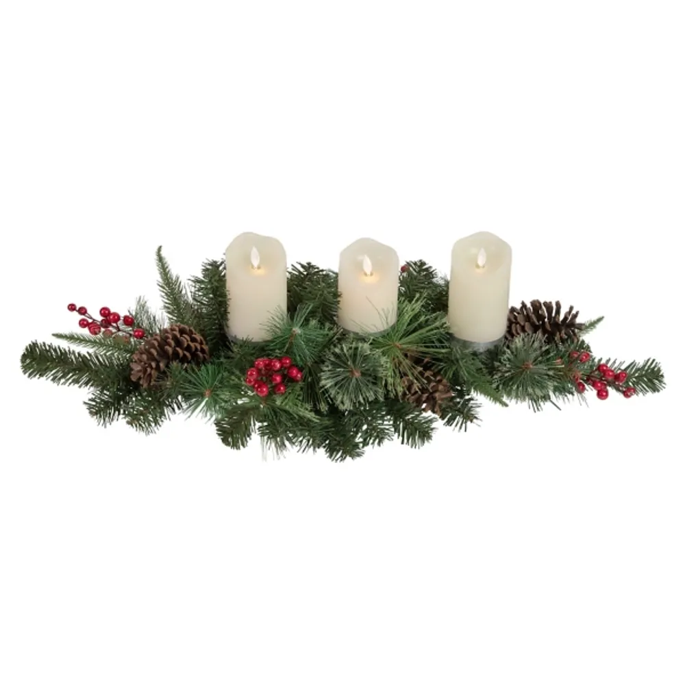 Pine and Berry Pillar Candle Centerpiece