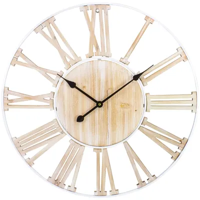 Round White Metal and Wood Wall Clock