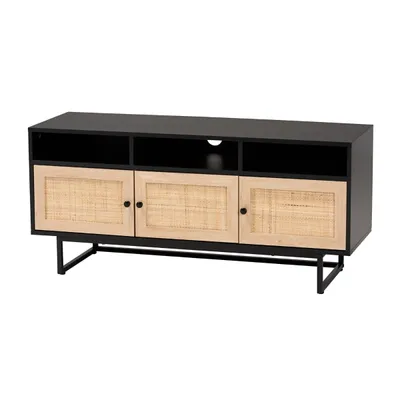 Black Wood and Rattan 3-Door TV Stand