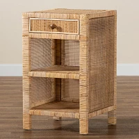 Woven Rattan and Mahogany Wood Nightstand