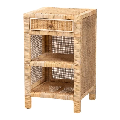 Woven Rattan and Mahogany Wood Nightstand