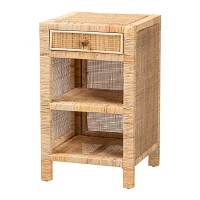 Woven Rattan and Mahogany Wood Nightstand