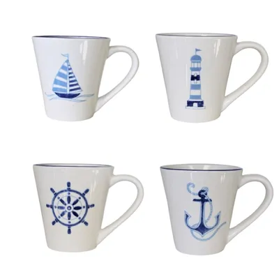 White and Blue Nautical Mugs, Set of 4