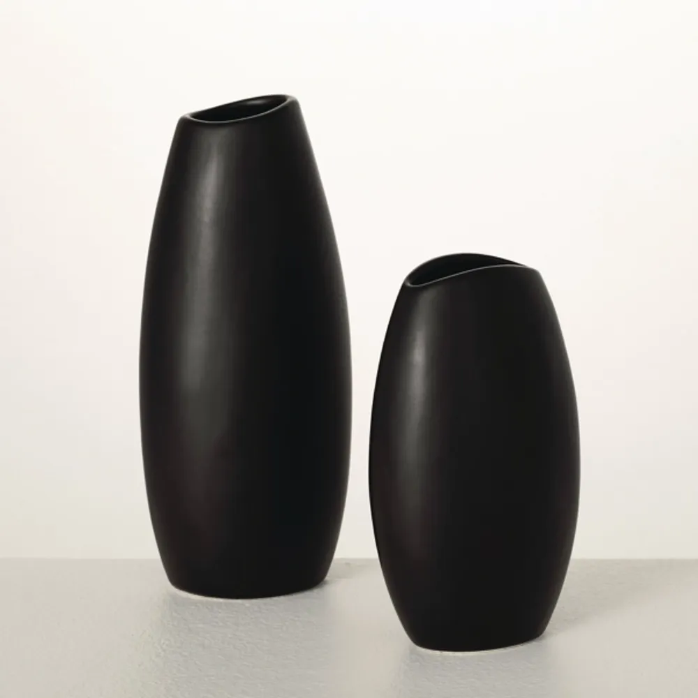 Modern Matte Black Ceramic Vases, Set of 2