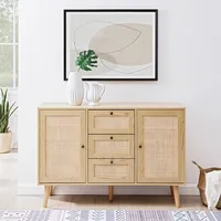 Natural Wood and Rattan 3-Drawer Sideboard