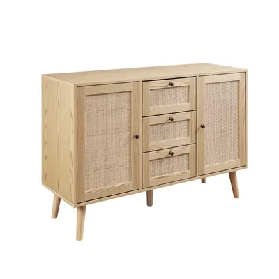 Natural Wood and Rattan 3-Drawer Sideboard