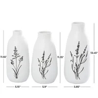 White Ceramic Botanical Print Vases, Set of 3