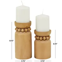 Natural Wood Beaded Candle Holders, Set of 2