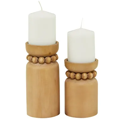 Natural Wood Beaded Candle Holders, Set of 2