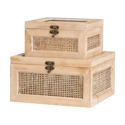 Natural Rattan and Glass Top Boxes, Set of 2