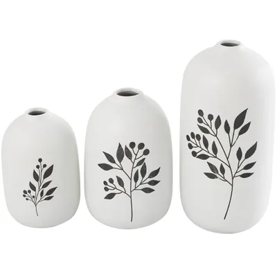 White Ceramic Berry and Fern Vases, Set of 3