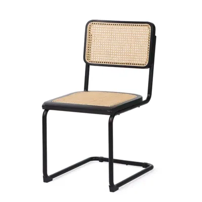 Black Framed Woven Cane Dining Chairs, Set of 2