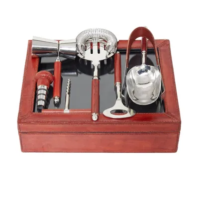 Red Leather and Stainless Steel 7-pc. Bar Tool Set