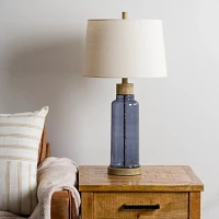 Blue Glass with Wood Trim Table Lamp