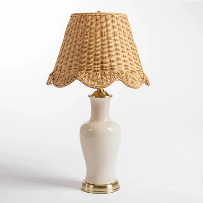 Cream Ceramic Table Lamp With Woven Shade