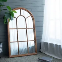 Arched Mango Wood Paned Wall Mirror