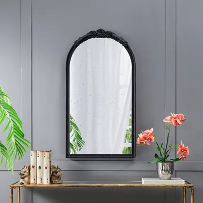 Long Arch Black Floral Scroll Mirror