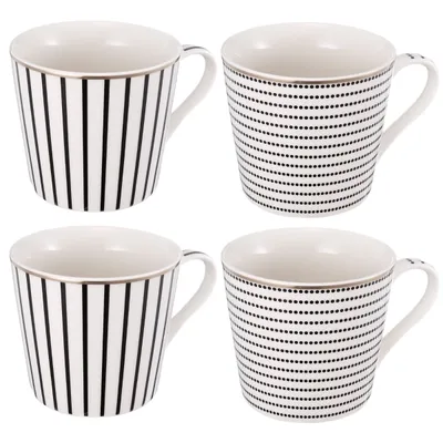 Cream and Black Ceramic Assorted Mugs, Set of 4