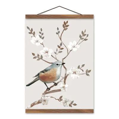 Bird on Branch Teak Hanging Canvas Art Print
