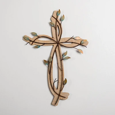 Leafy Cross Wood and Metal Wall Plaque