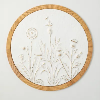 Embossed Ivory Floral Round Framed Wall Plaque