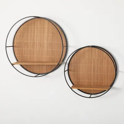Round Wood and Metal Framed Wall Shelves, Set of 2