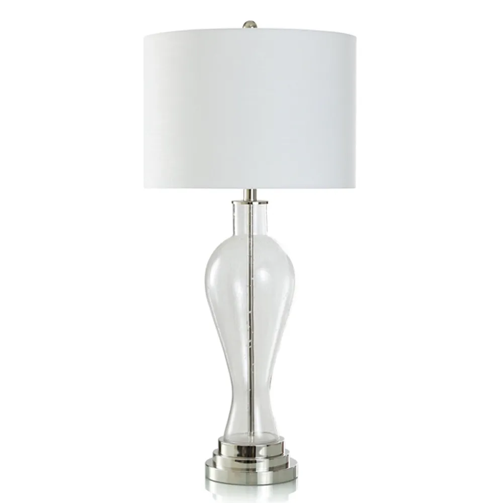 Clear Seeded Glass and Silver Table Lamp