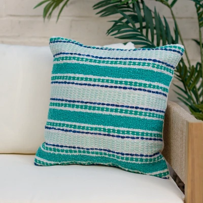 Teal Boucle Stripes Outdoor Pillow