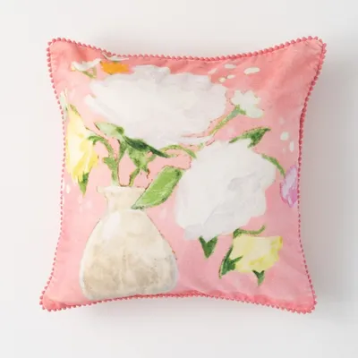 Pink Bouquet Velvet Pom Pom Throw Pillow
