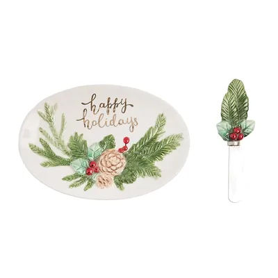 Happy Holidays Oval Serving Platter with Spreader