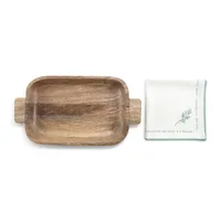 Wooden Christmas Bread Basket with White Tea Towel