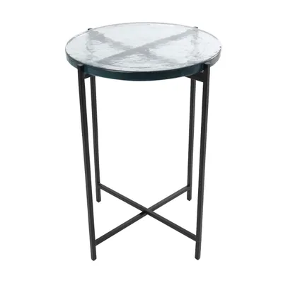 Clear Textured Glass & Black Iron Accent Table