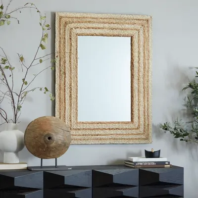 Brown Woven Frame Rectangular Wall Mirror