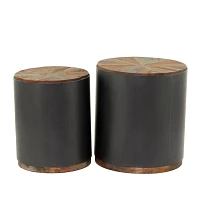 Round Metal and Wood Accent Tables, Set of 2