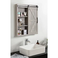 Gray Wood Barn Door Wall Cabinet with Mirror