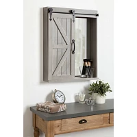 Gray Wood Barn Door Wall Cabinet with Mirror