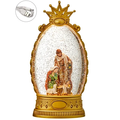 Pre-Lit Golden Crown Holy Family Snow Globe