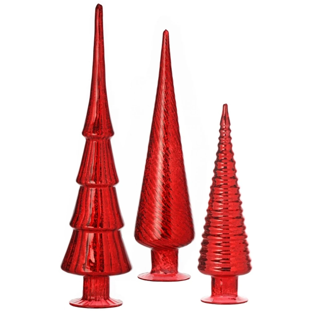 Red Mercury Glass Christmas Trees, Set of 3