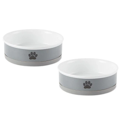 Large Gray Paw Print Ceramic Pet Bowls, Set of 2