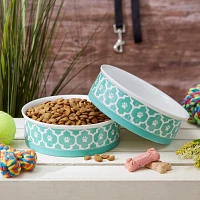 Large Aqua Lattice Ceramic Pet Bowls, Set of 2