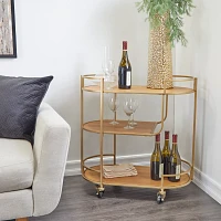 Natural Wood & Gold Metal 3-Tier Bar Cart