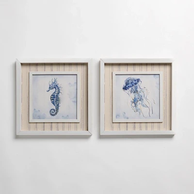 Sea Life Striped Framed Art Prints, Set of 2