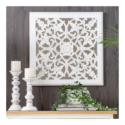 Distressed Cream Carved Floral Medallion Mirror