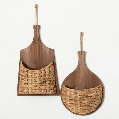 Wood and Seagrass Wall Baskets, Set of 2