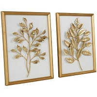 Gold Metal Leaves Framed Wall Plaques, Set of 2