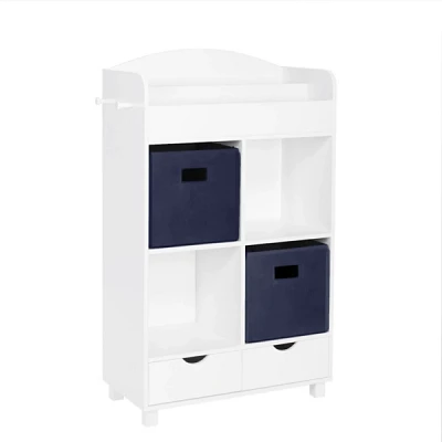 White Storage Cabinet Bookshelf with 2 Navy Bins