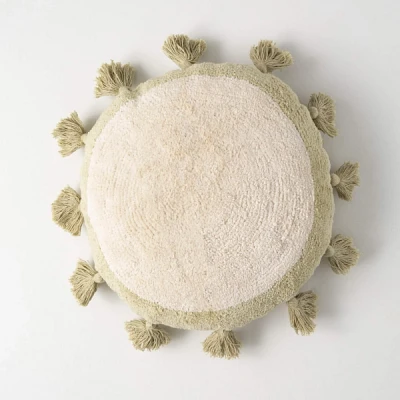Round Cream and Sage Tasseled Pillow